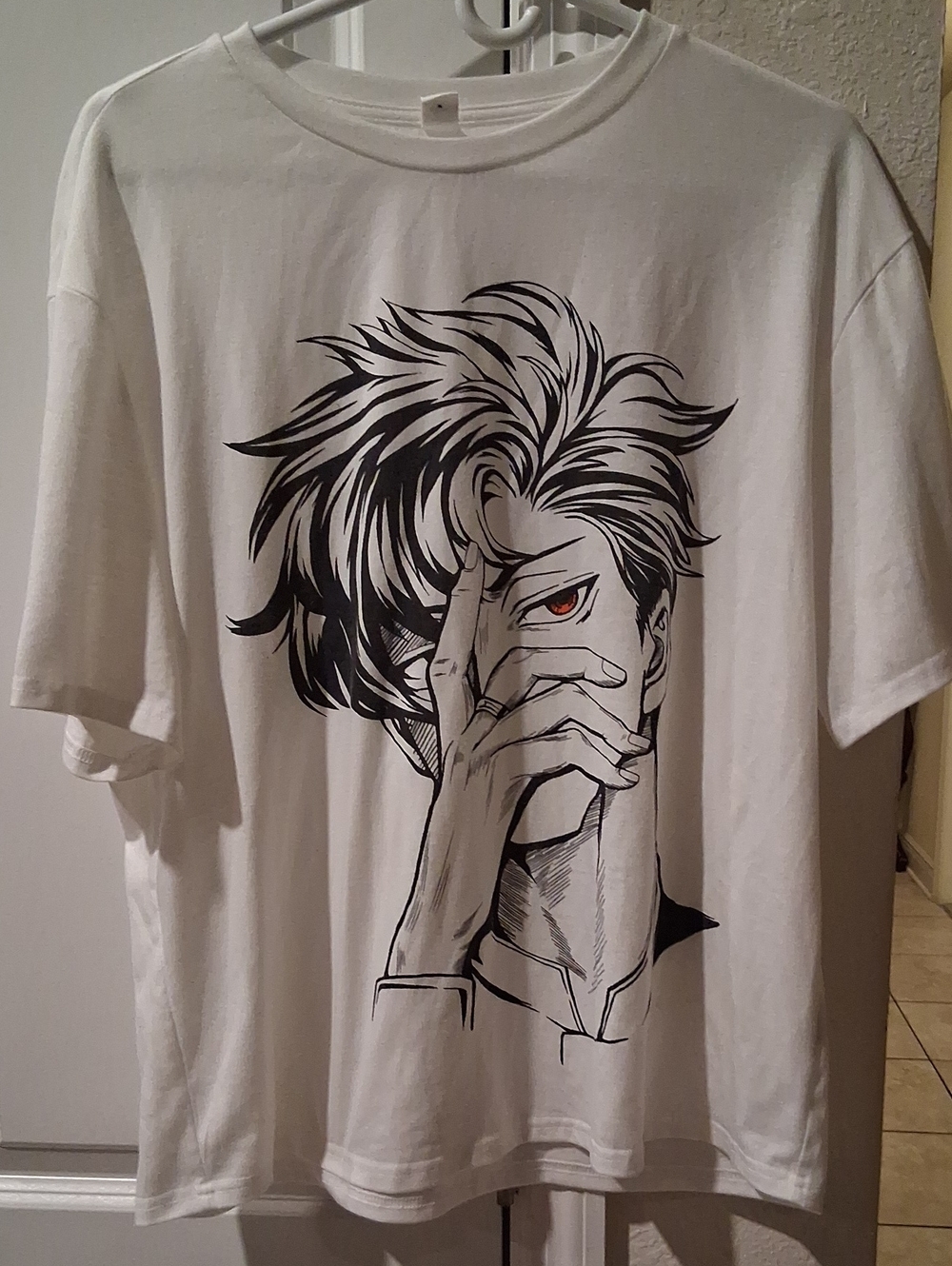 P:  SHEIN White Graphic Anime Face T-Shirt with Red Eye